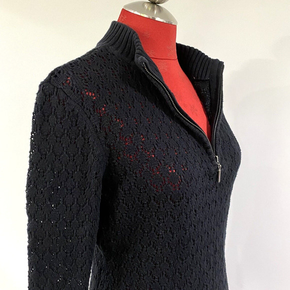 Adolfo Black M Lacy Knit Tunic Sweater Mini Dress Quarter Zip Ribbed Hem Cotton - Picture 10 of 10